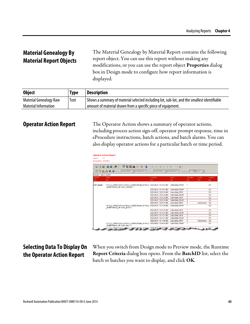 Material genealogy by material report objects, Operator action report | Rockwell Automation FactoryTalk Historian Classic for Batch User Guide User Manual | Page 65 / 74