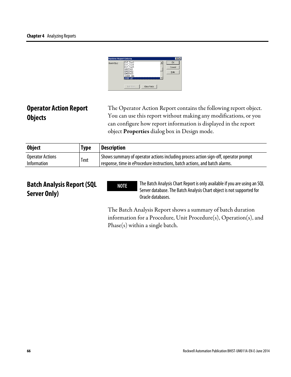 Operator action report objects, Batch analysis report (sql server only) | Rockwell Automation FactoryTalk Historian Classic for Batch User Guide User Manual | Page 66 / 74