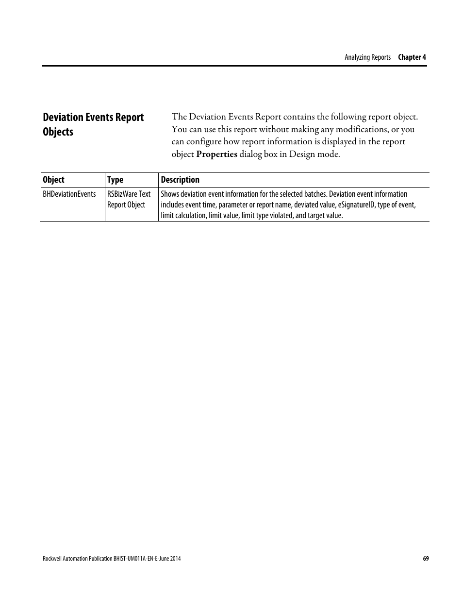 Deviation events report objects | Rockwell Automation FactoryTalk Historian Classic for Batch User Guide User Manual | Page 69 / 74