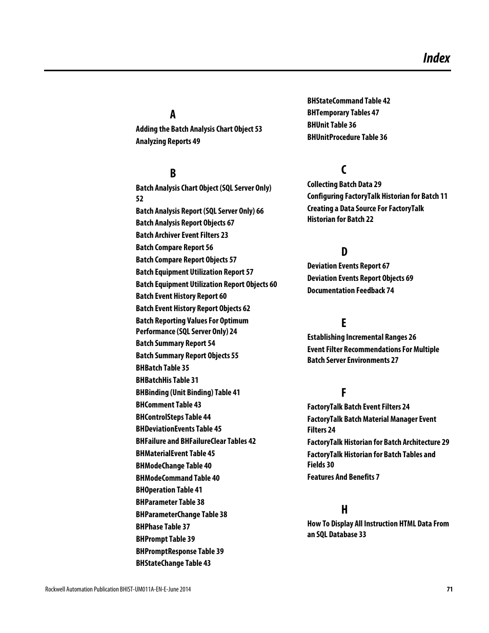 Index | Rockwell Automation FactoryTalk Historian Classic for Batch User Guide User Manual | Page 71 / 74