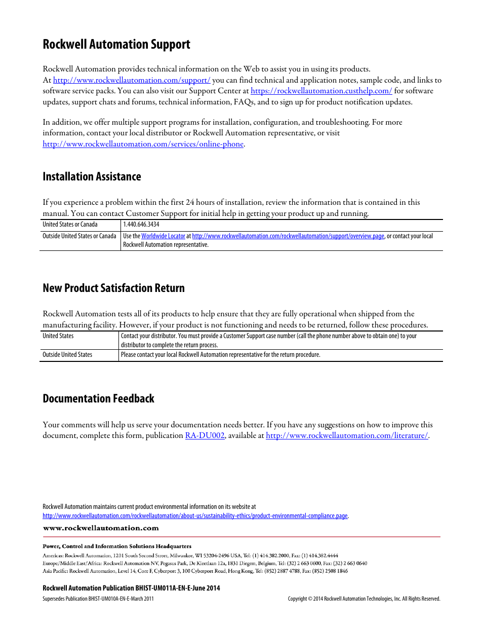 Rockwell automation support, Installation assistance, New product satisfaction return | Documentation feedback | Rockwell Automation FactoryTalk Historian Classic for Batch User Guide User Manual | Page 74 / 74