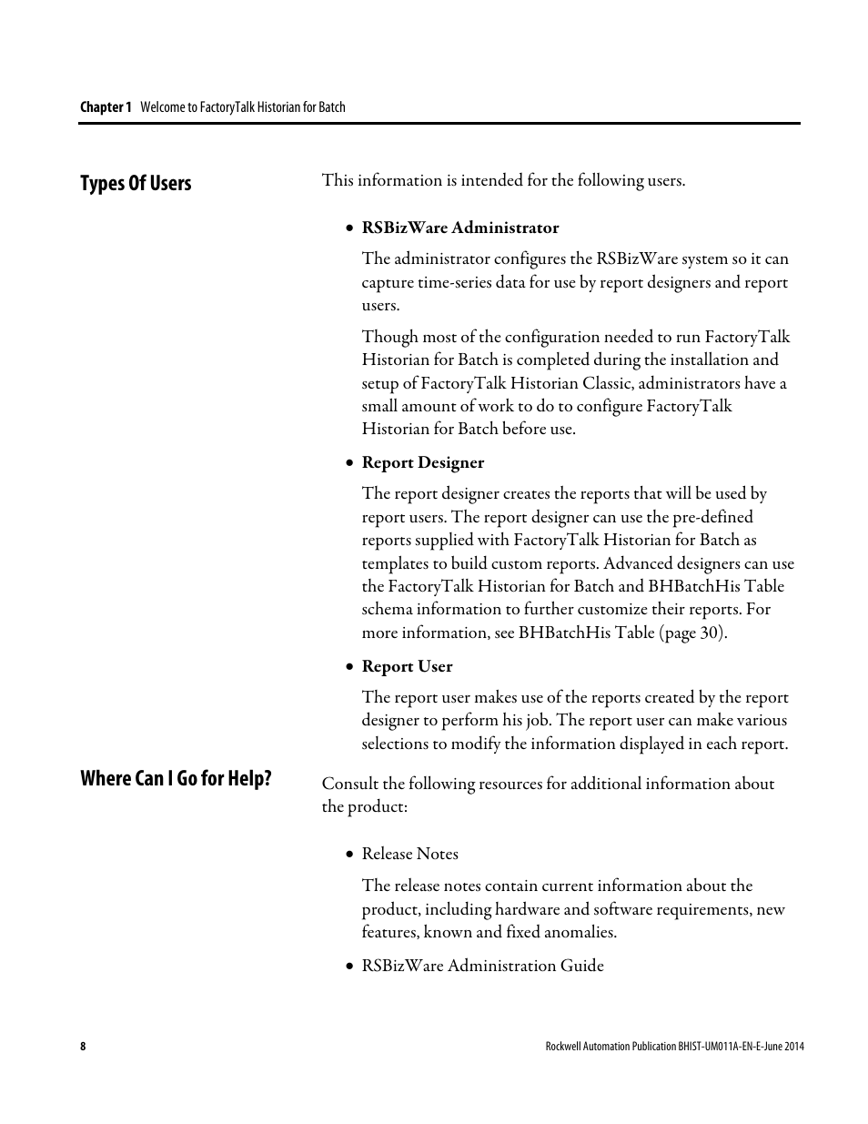 Types of users, Where can i go for help, Types of users where can i go for help | Rockwell Automation FactoryTalk Historian Classic for Batch User Guide User Manual | Page 8 / 74