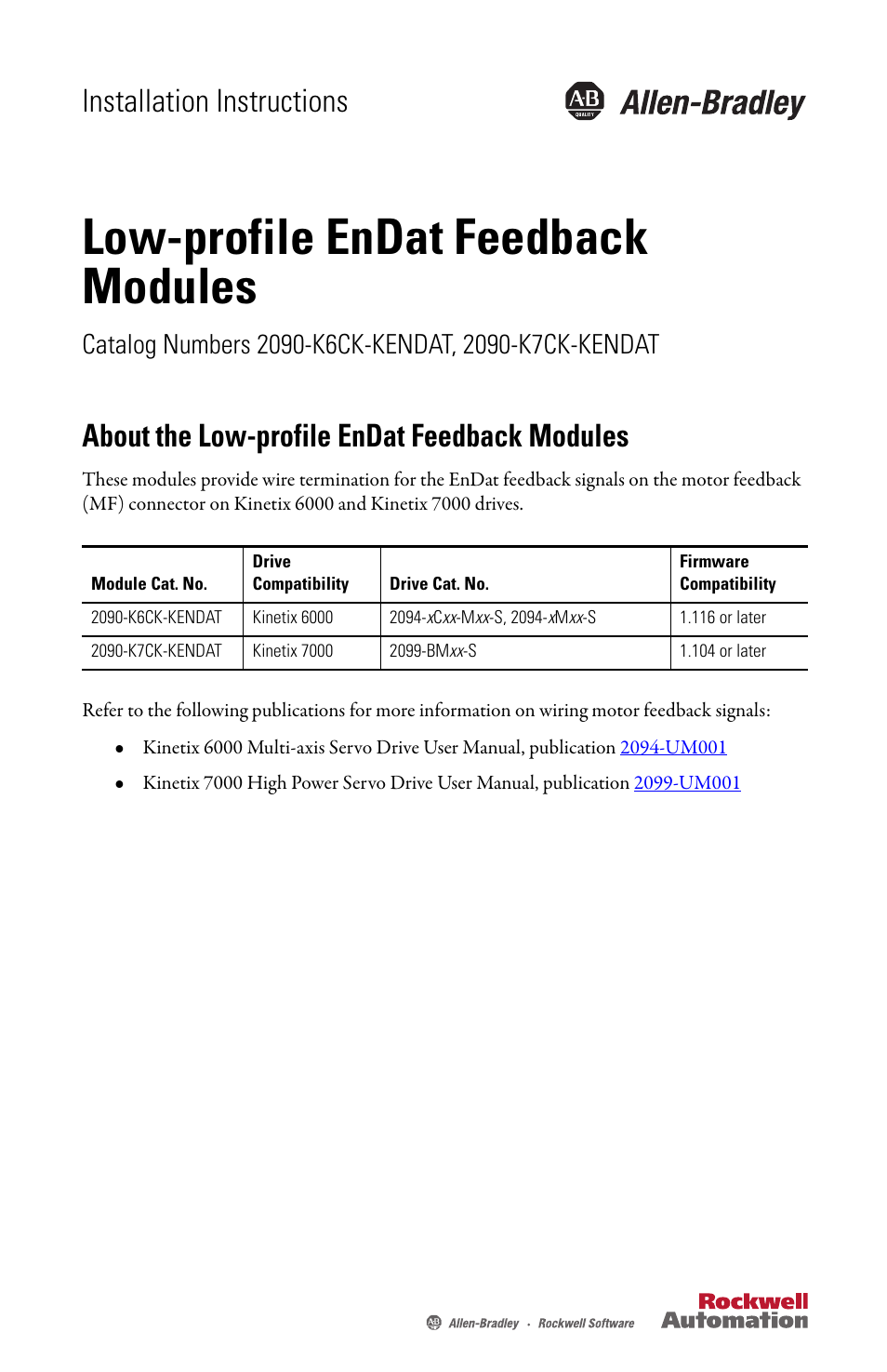 Rockwell Automation 2090-K7CK-KENDAT EnDat Feedback Module Installation Instructions User Manual | 4 pages