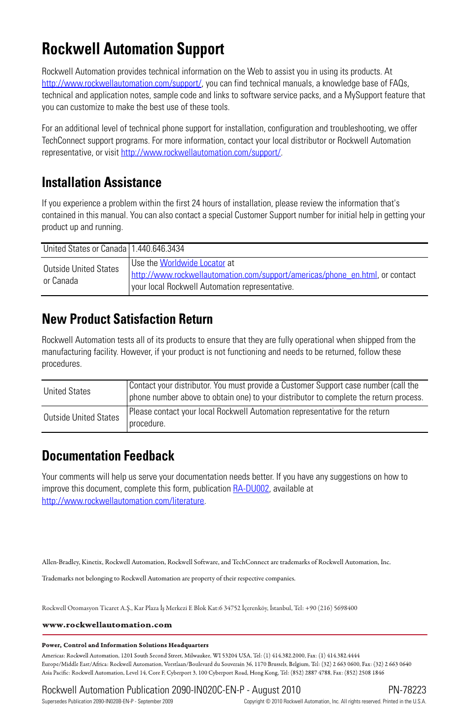 Rockwell automation support, Installation assistance, New product satisfaction return | Documentation feedback | Rockwell Automation 2090-K7CK-KENDAT EnDat Feedback Module Installation Instructions User Manual | Page 4 / 4