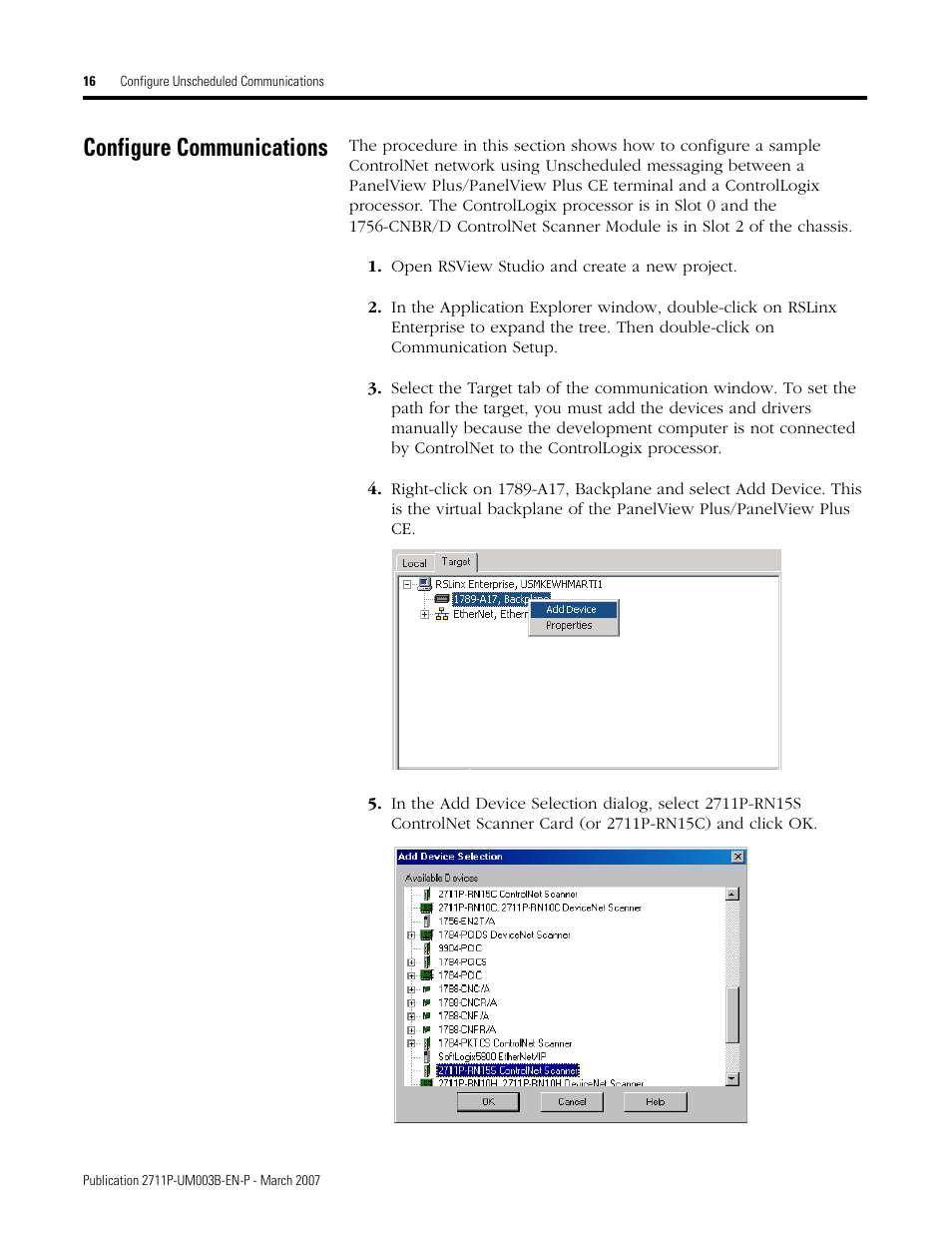 Configure communications | Rockwell Automation 2711P ControlNet Communications for PanelView Plus and PanelView Plus CE User Manual | Page 16 / 64