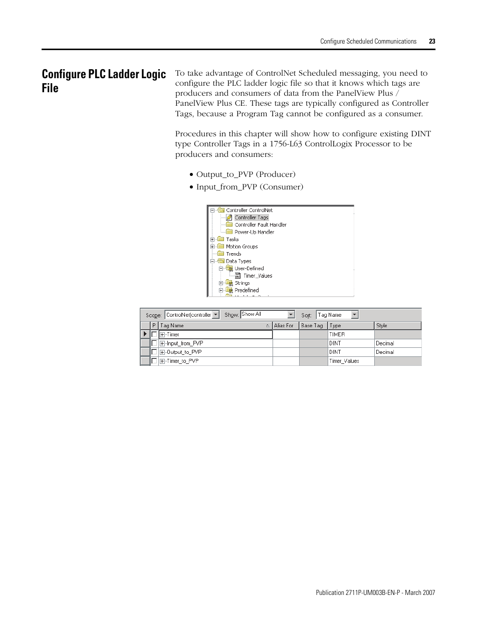 Configure plc ladder logic file | Rockwell Automation 2711P ControlNet Communications for PanelView Plus and PanelView Plus CE User Manual | Page 23 / 64