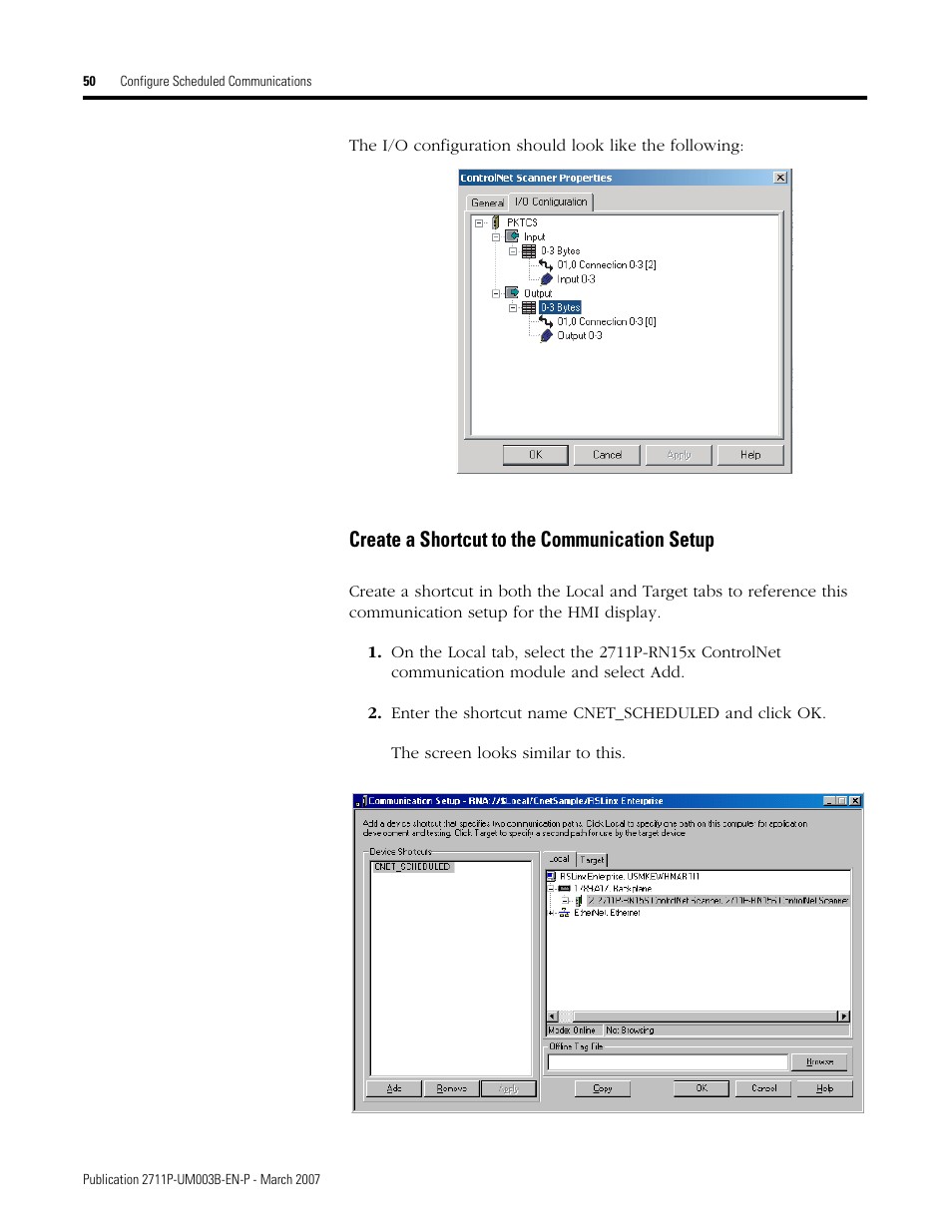 Create a shortcut to the communication setup | Rockwell Automation 2711P ControlNet Communications for PanelView Plus and PanelView Plus CE User Manual | Page 50 / 64