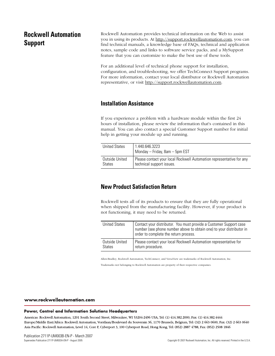 Back cover, Rockwell automation support, Installation assistance | New product satisfaction return | Rockwell Automation 2711P ControlNet Communications for PanelView Plus and PanelView Plus CE User Manual | Page 64 / 64