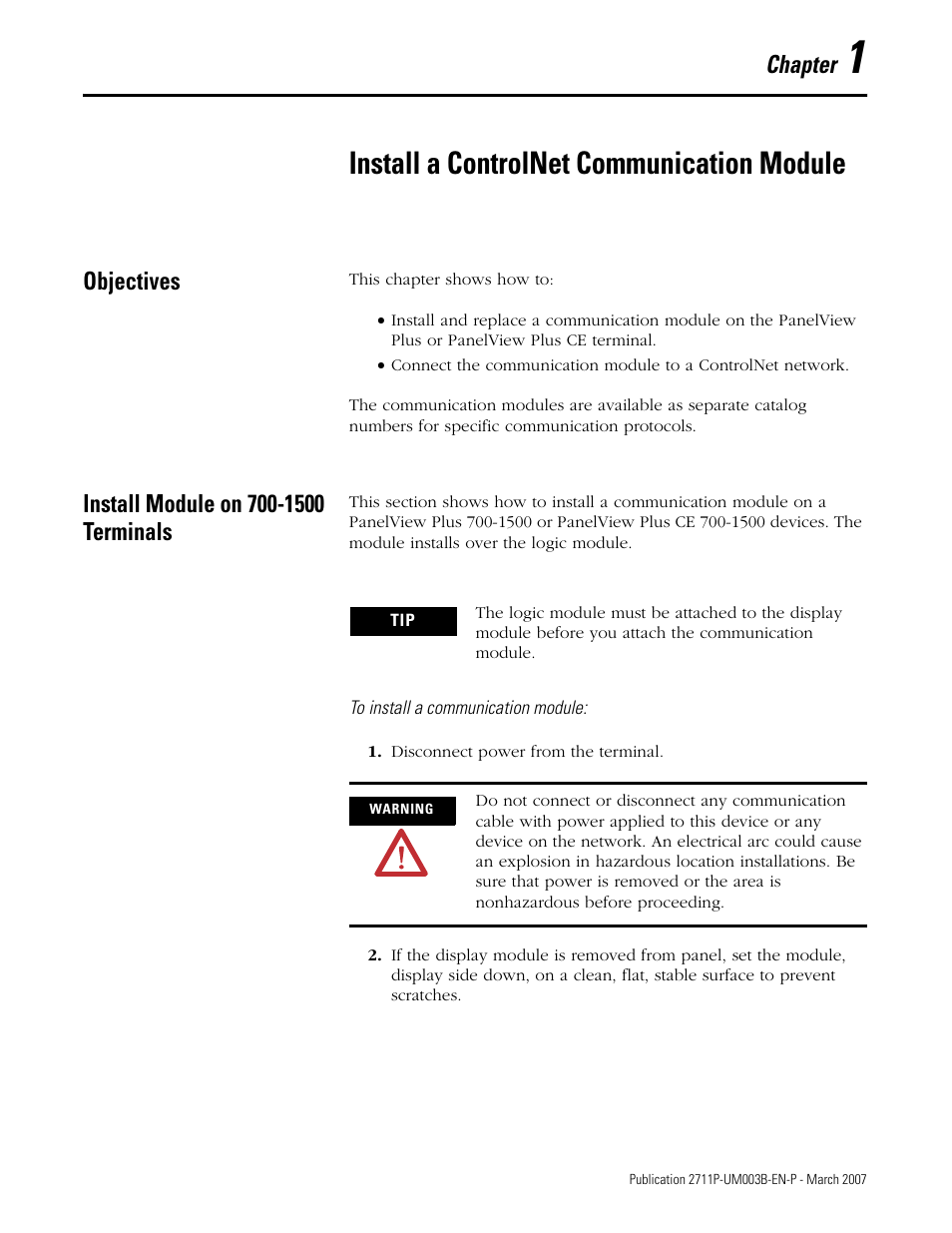1 - install a controlnet communication module, Objectives, Install module on 700-1500 terminals | Chapter 1, Install a controlnet communication module, Objectives install module on 700-1500 terminals, Chapter | Rockwell Automation 2711P ControlNet Communications for PanelView Plus and PanelView Plus CE User Manual | Page 7 / 64