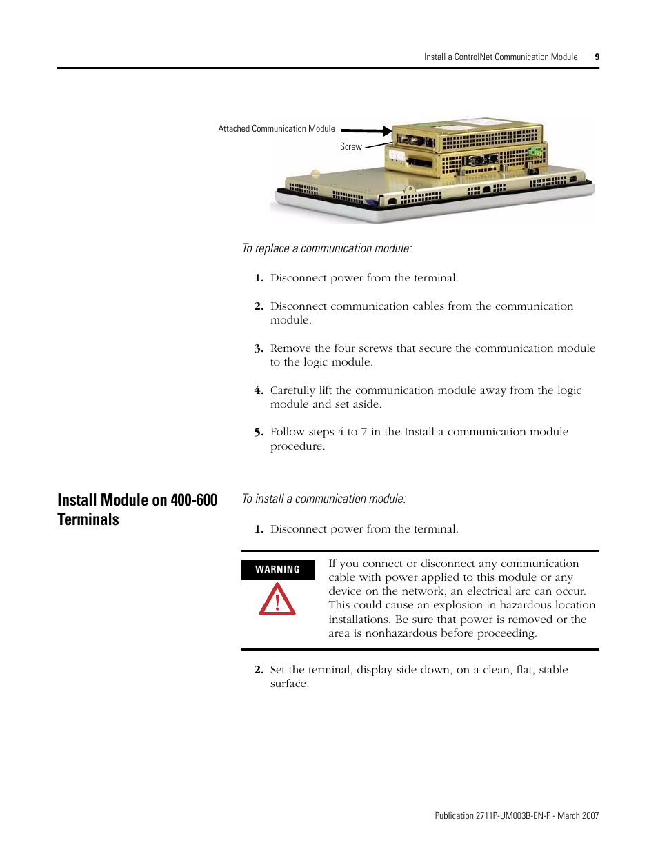 Install module on 400-600 terminals | Rockwell Automation 2711P ControlNet Communications for PanelView Plus and PanelView Plus CE User Manual | Page 9 / 64