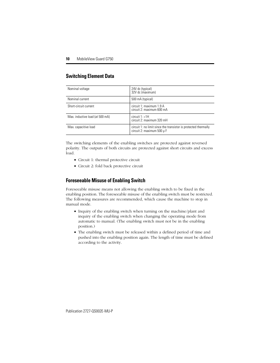 Switching element data, Foreseeable misuse of enabling switch | Rockwell Automation 2727-G7P20D1Q7 MobileView Guard G750 Quick Start User Manual | Page 10 / 204