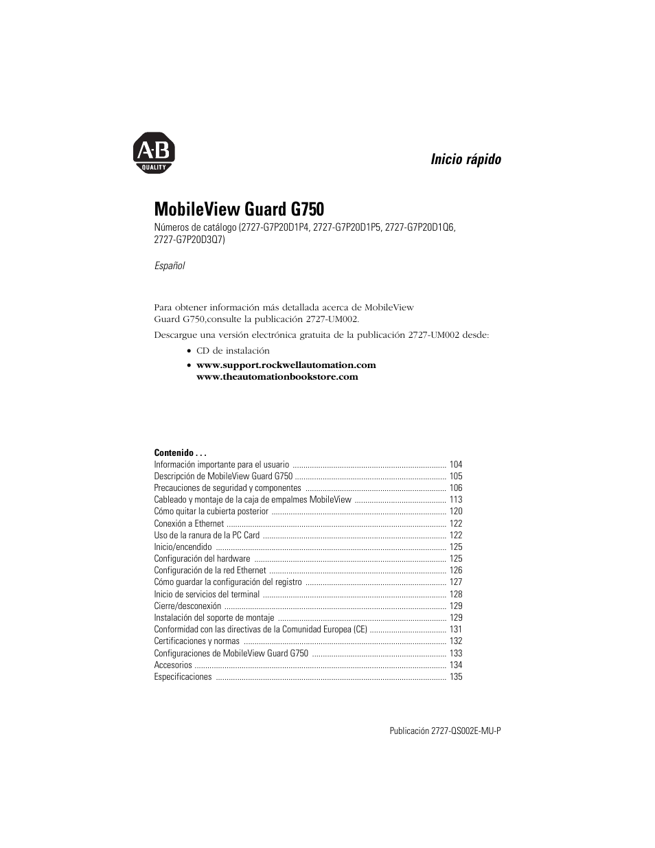 Español, Mobileview guard g750, Inicio rápido | Rockwell Automation 2727-G7P20D1Q7 MobileView Guard G750 Quick Start User Manual | Page 103 / 204