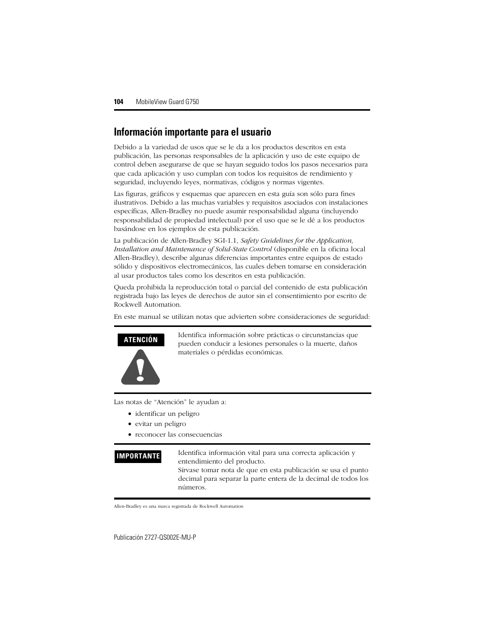 Información importante para el usuario | Rockwell Automation 2727-G7P20D1Q7 MobileView Guard G750 Quick Start User Manual | Page 104 / 204