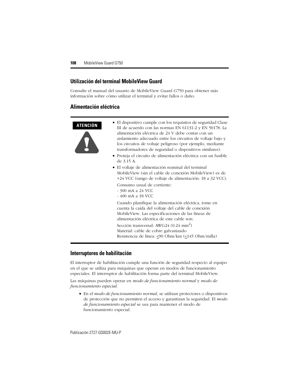 Utilización del terminal mobileview guard, Alimentación eléctrica, Interruptores de habilitación | Rockwell Automation 2727-G7P20D1Q7 MobileView Guard G750 Quick Start User Manual | Page 108 / 204
