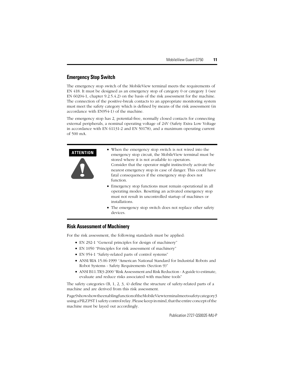 Emergency stop switch, Risk assessment of machinery | Rockwell Automation 2727-G7P20D1Q7 MobileView Guard G750 Quick Start User Manual | Page 11 / 204