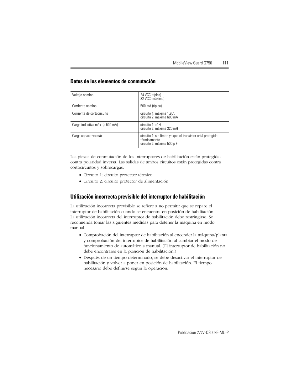 Datos de los elementos de conmutación | Rockwell Automation 2727-G7P20D1Q7 MobileView Guard G750 Quick Start User Manual | Page 111 / 204