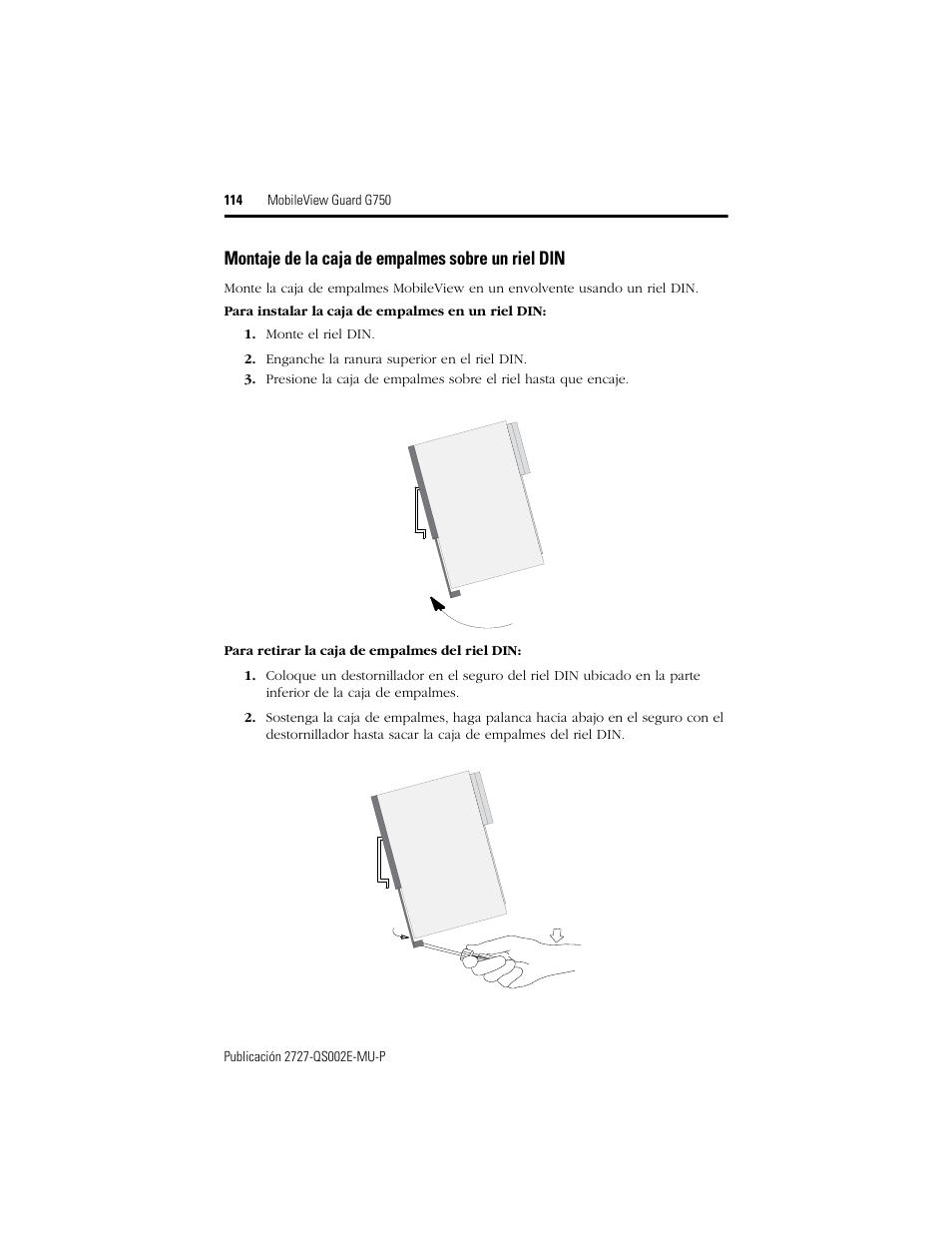 Montaje de la caja de empalmes sobre un riel din | Rockwell Automation 2727-G7P20D1Q7 MobileView Guard G750 Quick Start User Manual | Page 114 / 204