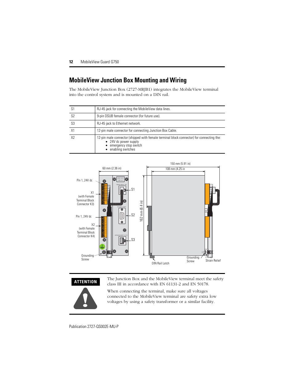 Mobileview junction box mounting and wiring, Attention | Rockwell Automation 2727-G7P20D1Q7 MobileView Guard G750 Quick Start User Manual | Page 12 / 204