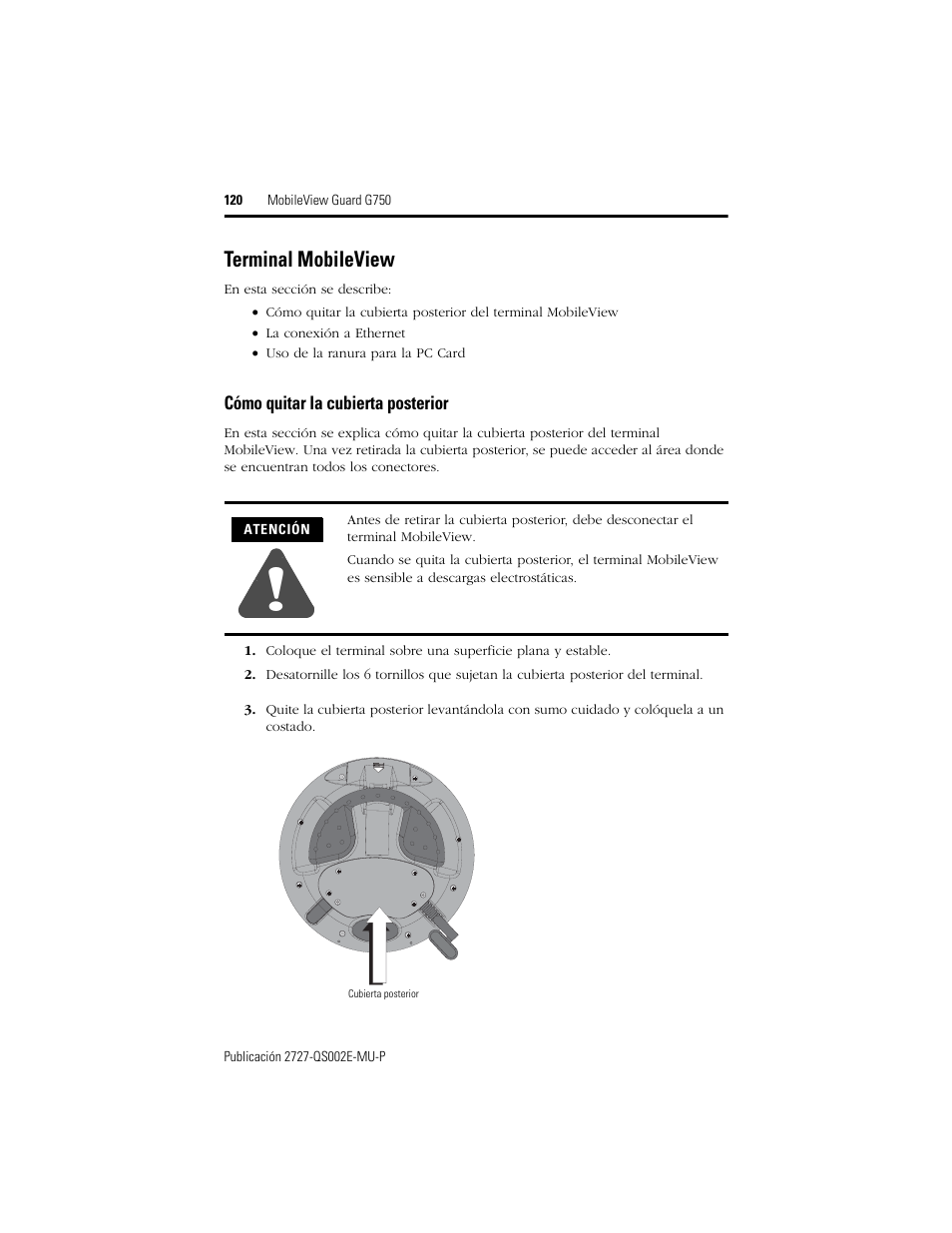 Terminal mobileview, Cómo quitar la cubierta posterior | Rockwell Automation 2727-G7P20D1Q7 MobileView Guard G750 Quick Start User Manual | Page 120 / 204