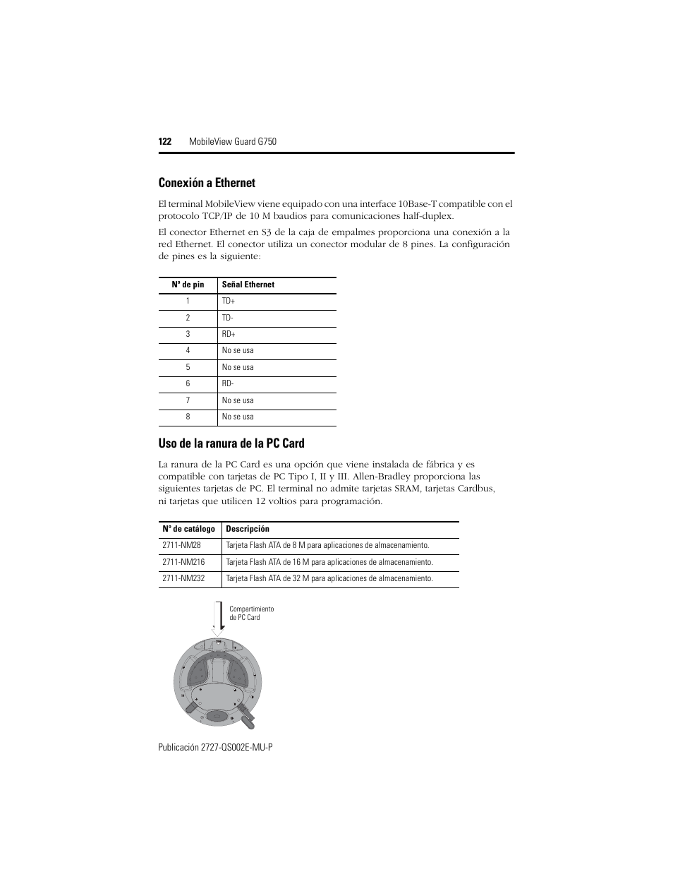 Conexión a ethernet, Uso de la ranura de la pc card, Conexión a ethernet uso de la ranura de la pc card | Rockwell Automation 2727-G7P20D1Q7 MobileView Guard G750 Quick Start User Manual | Page 122 / 204