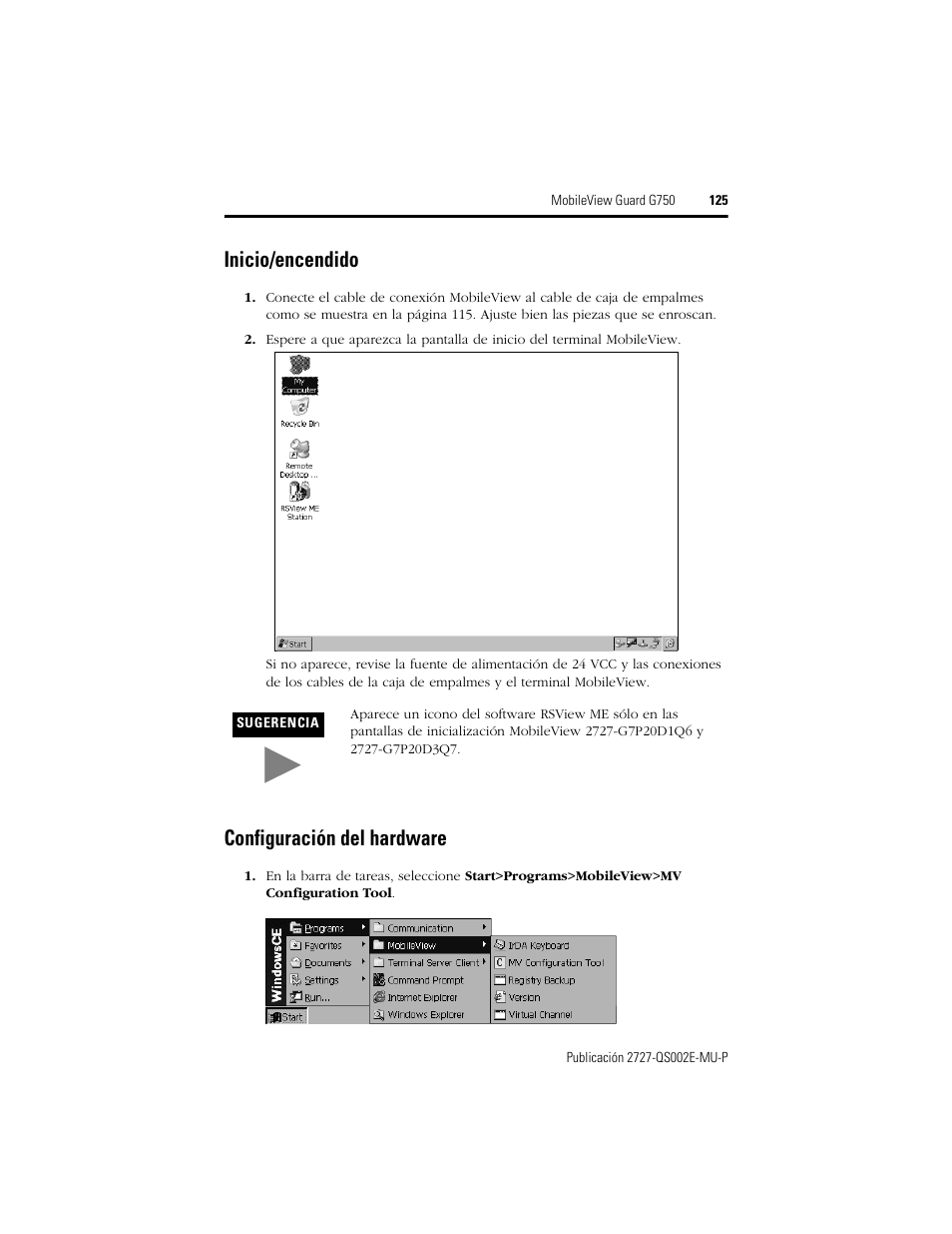 Inicio/encendido, Configuración del hardware, Inicio/encendido configuración del hardware | Rockwell Automation 2727-G7P20D1Q7 MobileView Guard G750 Quick Start User Manual | Page 125 / 204