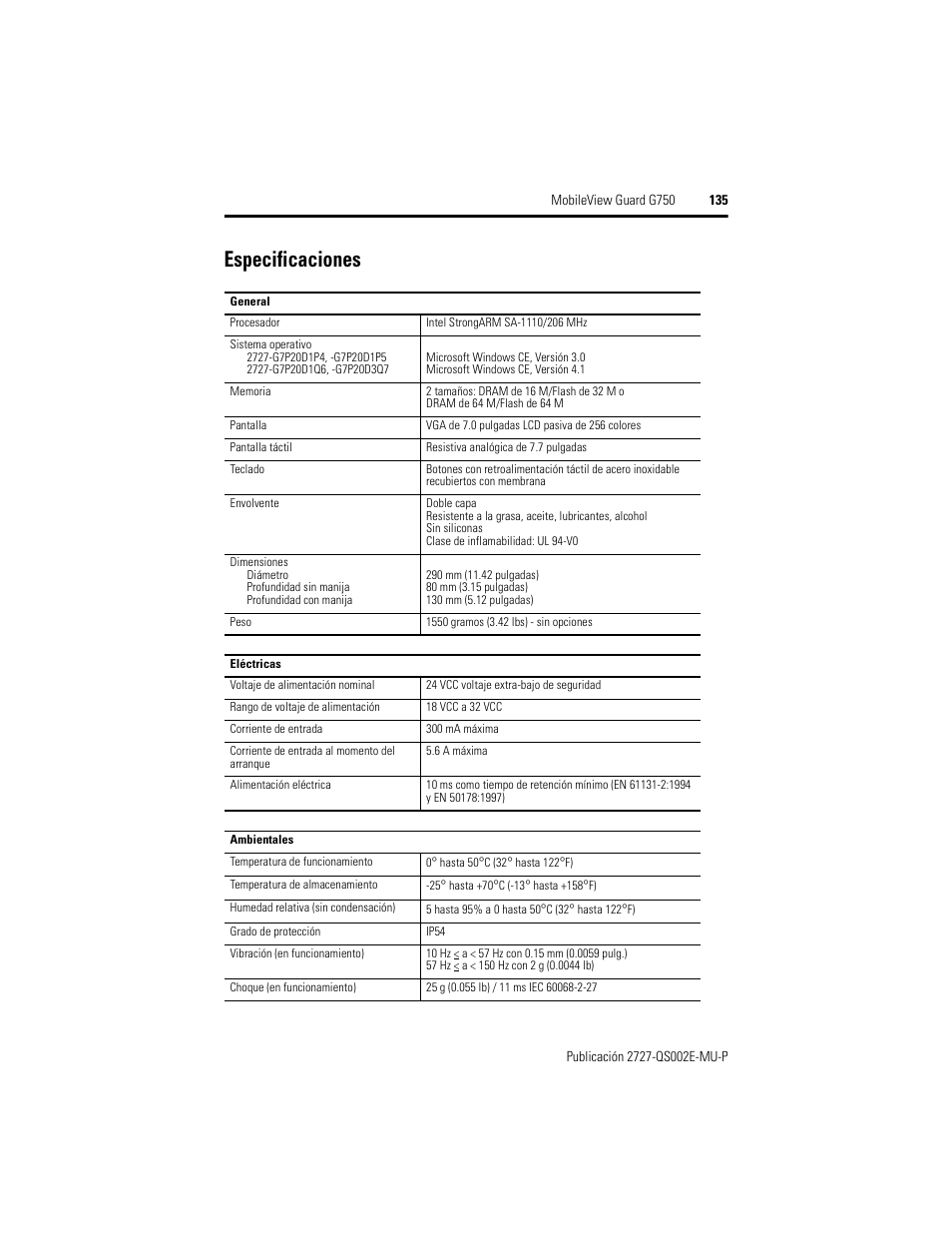 Especificaciones | Rockwell Automation 2727-G7P20D1Q7 MobileView Guard G750 Quick Start User Manual | Page 135 / 204