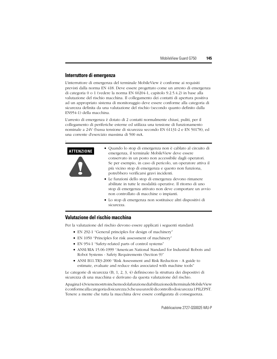 Interruttore di emergenza, Valutazione del rischio macchina | Rockwell Automation 2727-G7P20D1Q7 MobileView Guard G750 Quick Start User Manual | Page 145 / 204