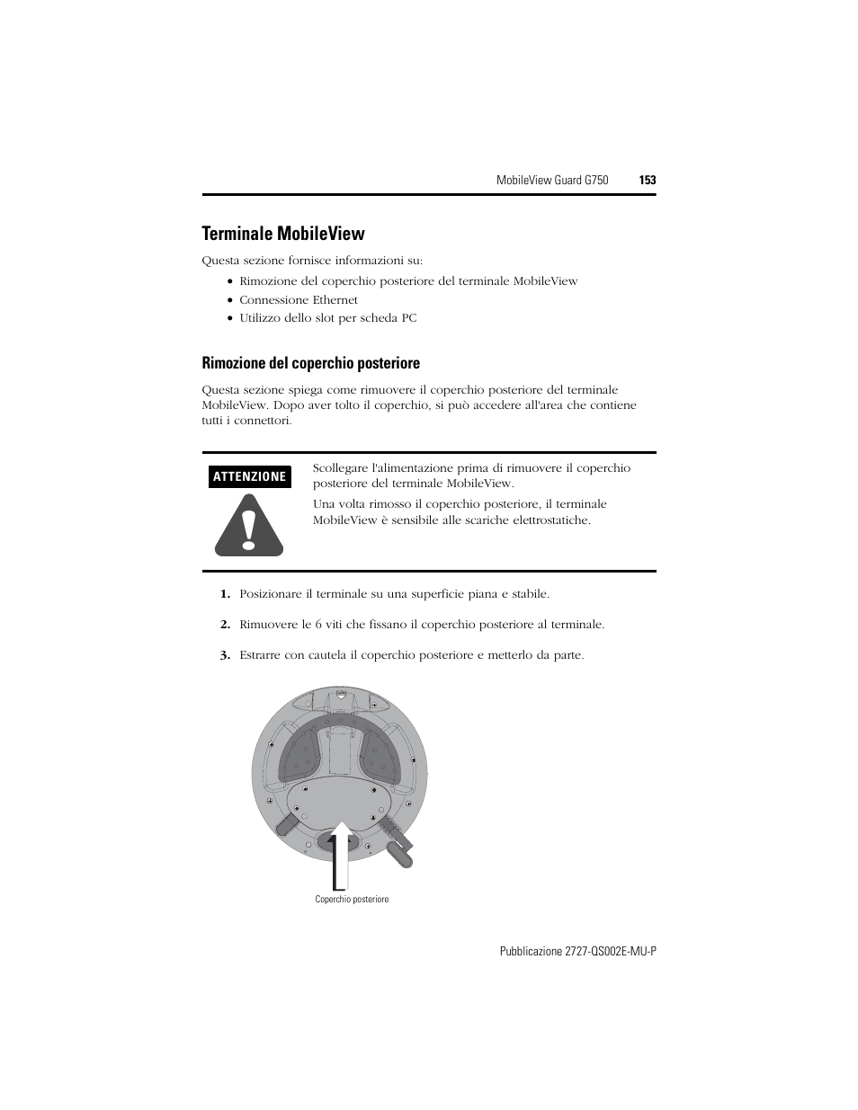 Terminale mobileview, Rimozione del coperchio posteriore | Rockwell Automation 2727-G7P20D1Q7 MobileView Guard G750 Quick Start User Manual | Page 153 / 204