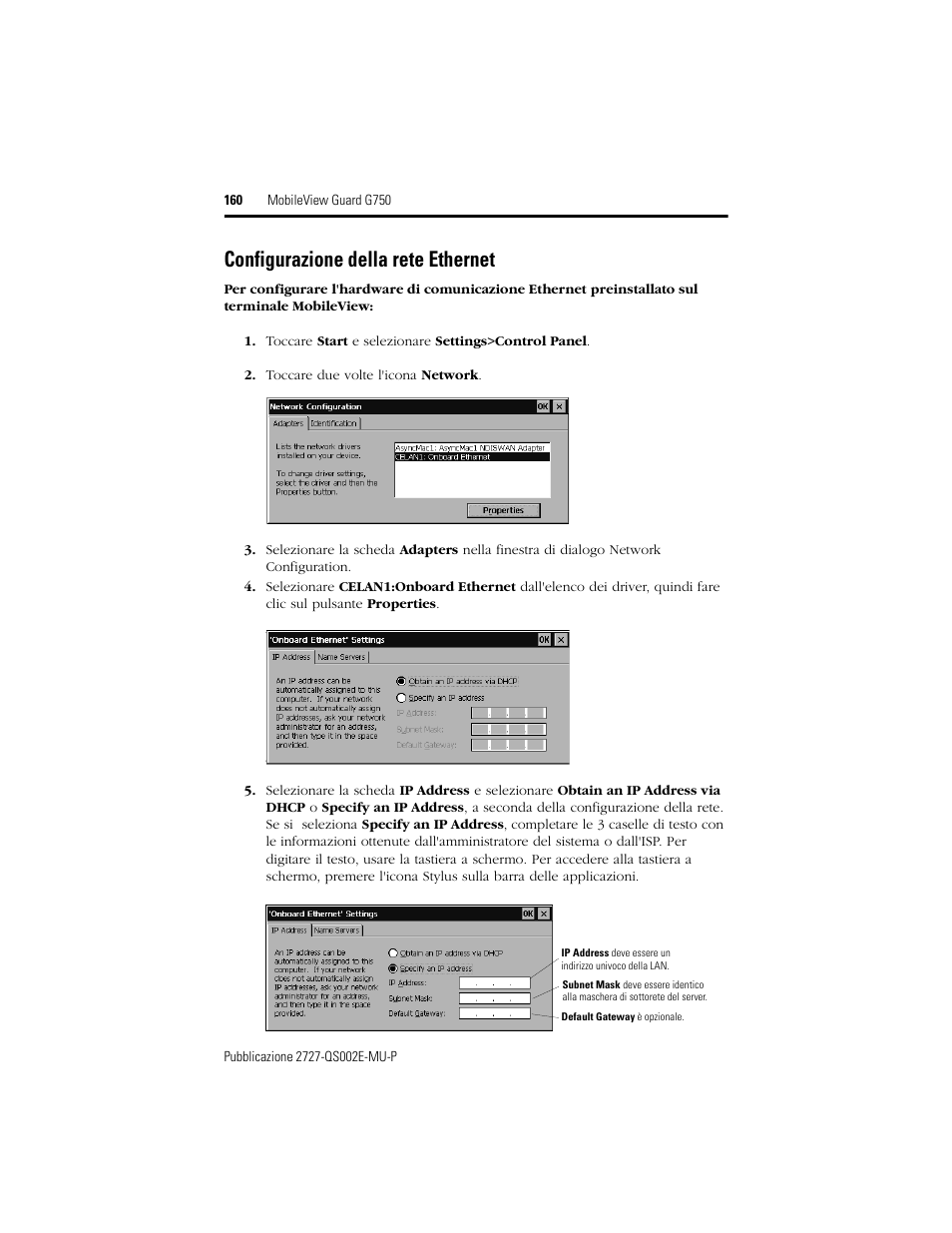 Configurazione della rete ethernet | Rockwell Automation 2727-G7P20D1Q7 MobileView Guard G750 Quick Start User Manual | Page 160 / 204