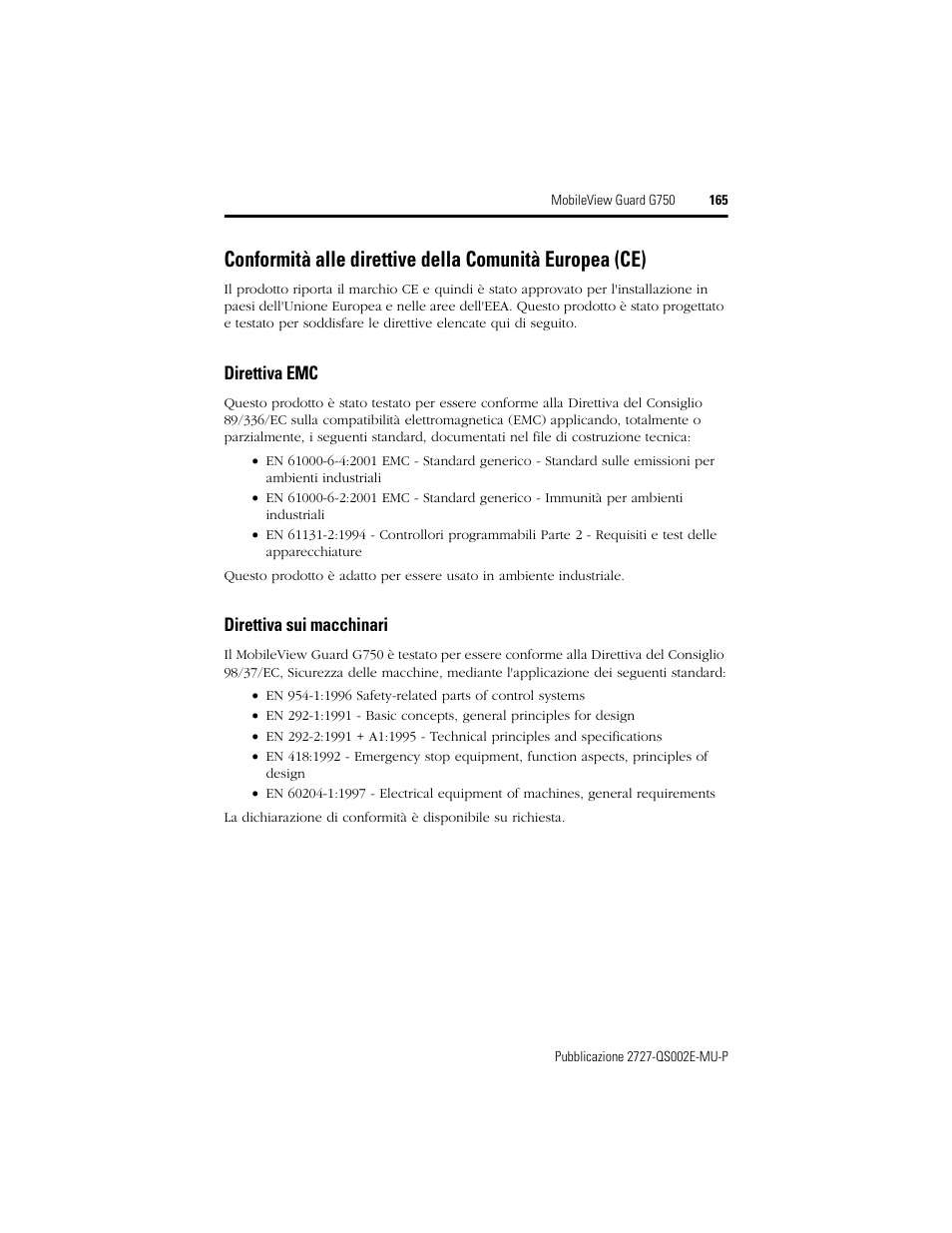 Direttiva emc, Direttiva sui macchinari | Rockwell Automation 2727-G7P20D1Q7 MobileView Guard G750 Quick Start User Manual | Page 165 / 204