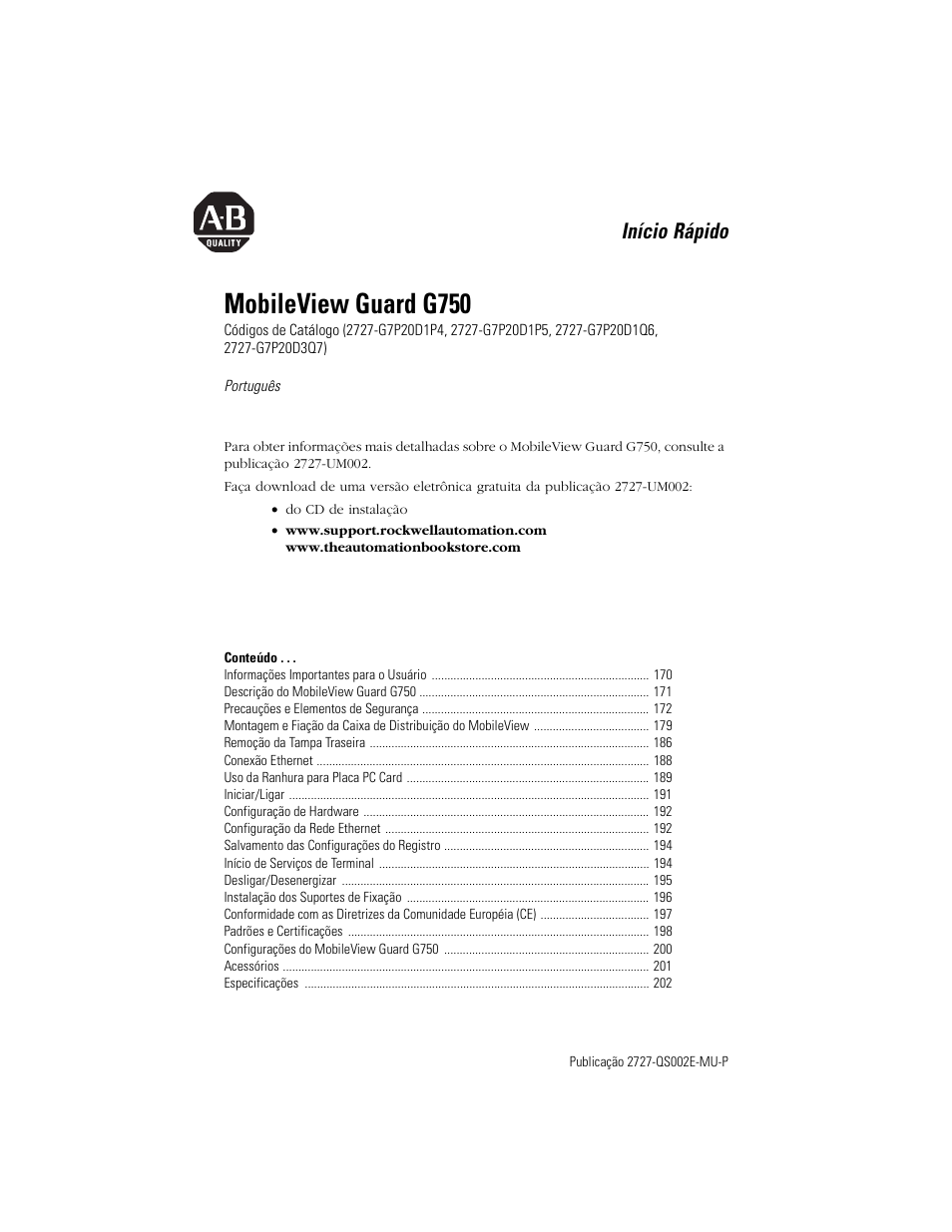 Português, Mobileview guard g750, Início rápido | Rockwell Automation 2727-G7P20D1Q7 MobileView Guard G750 Quick Start User Manual | Page 169 / 204