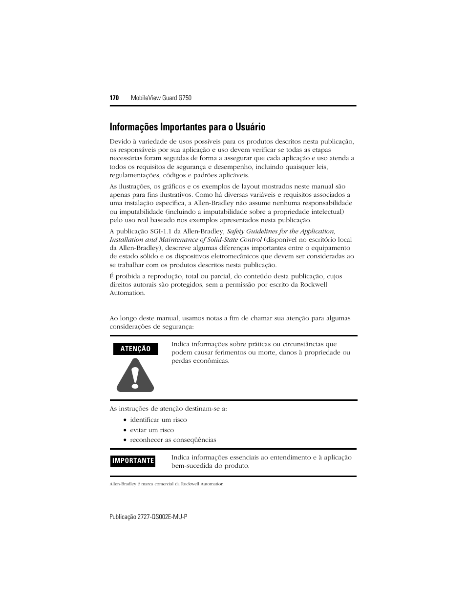 Informações importantes para o usuário | Rockwell Automation 2727-G7P20D1Q7 MobileView Guard G750 Quick Start User Manual | Page 170 / 204