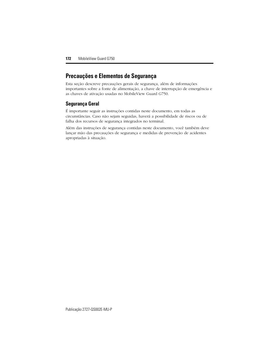 Precauções e elementos de segurança, Segurança geral | Rockwell Automation 2727-G7P20D1Q7 MobileView Guard G750 Quick Start User Manual | Page 172 / 204