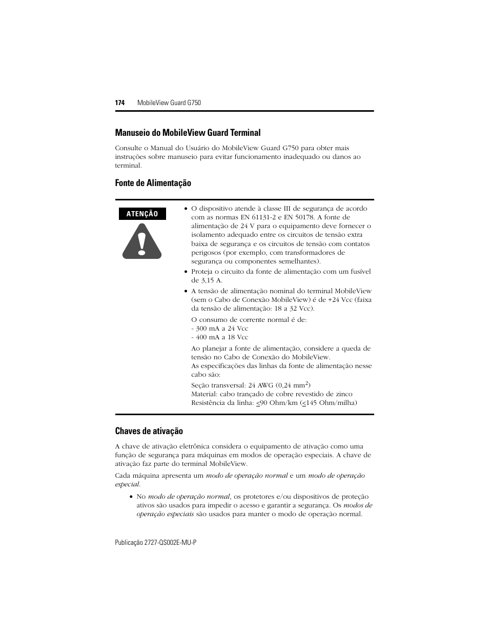Manuseio do mobileview guard terminal, Fonte de alimentação, Chaves de ativação | Rockwell Automation 2727-G7P20D1Q7 MobileView Guard G750 Quick Start User Manual | Page 174 / 204