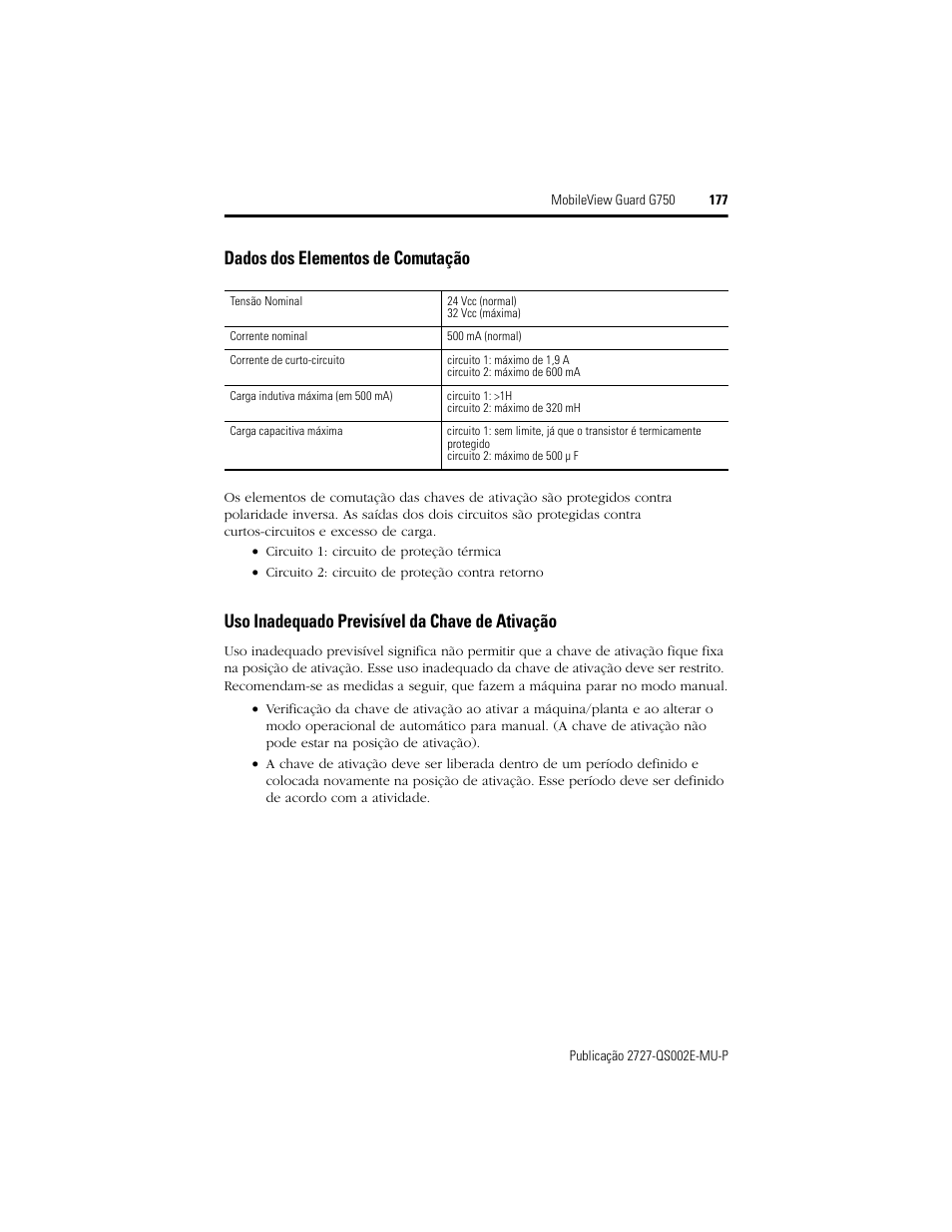 Dados dos elementos de comutação, Uso inadequado previsível da chave de ativação | Rockwell Automation 2727-G7P20D1Q7 MobileView Guard G750 Quick Start User Manual | Page 177 / 204