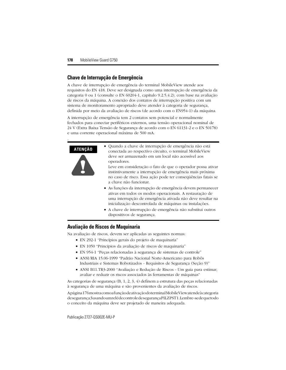 Chave de interrupção de emergência, Avaliação de riscos de maquinaria | Rockwell Automation 2727-G7P20D1Q7 MobileView Guard G750 Quick Start User Manual | Page 178 / 204