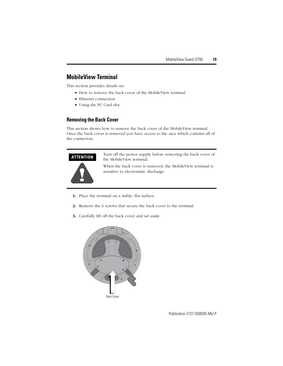 Mobileview terminal, Removing the back cover | Rockwell Automation 2727-G7P20D1Q7 MobileView Guard G750 Quick Start User Manual | Page 19 / 204