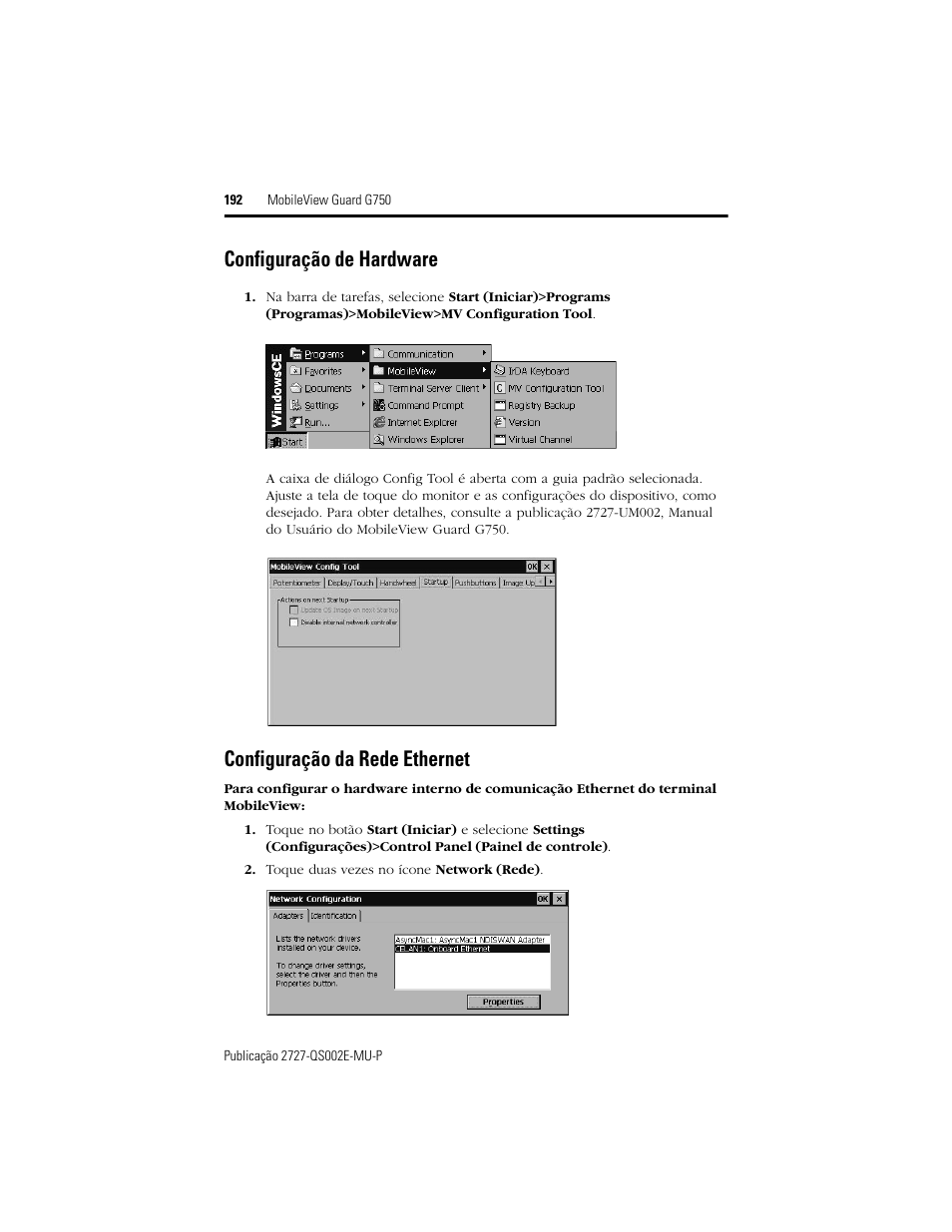 Configuração de hardware, Configuração da rede ethernet | Rockwell Automation 2727-G7P20D1Q7 MobileView Guard G750 Quick Start User Manual | Page 192 / 204