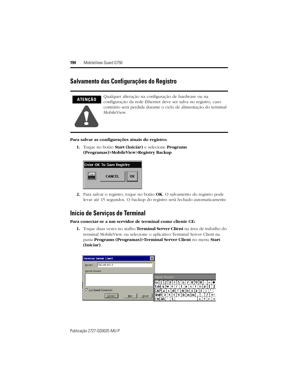 Salvamento das configurações do registro, Início de serviços de terminal | Rockwell Automation 2727-G7P20D1Q7 MobileView Guard G750 Quick Start User Manual | Page 194 / 204