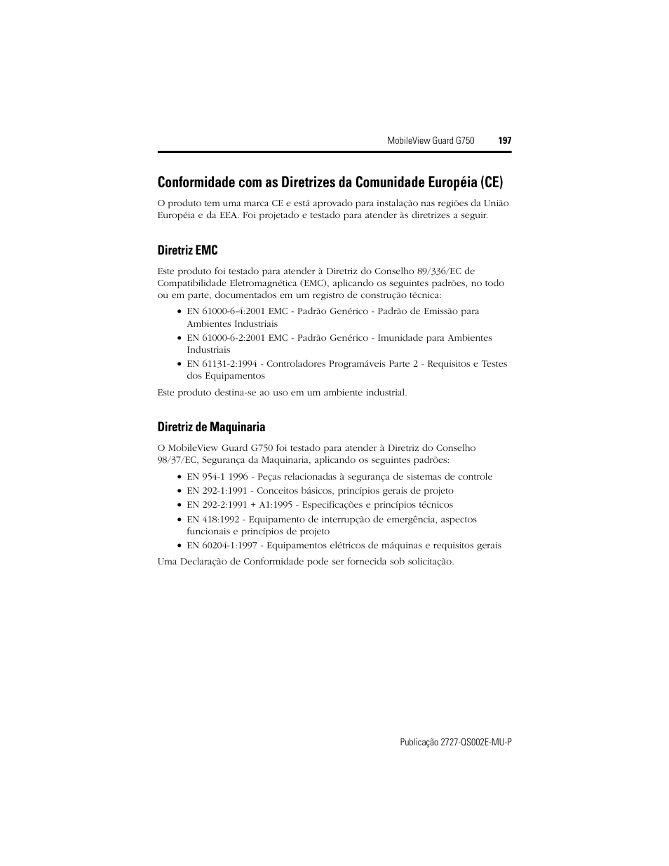 Diretriz emc, Diretriz de maquinaria | Rockwell Automation 2727-G7P20D1Q7 MobileView Guard G750 Quick Start User Manual | Page 197 / 204