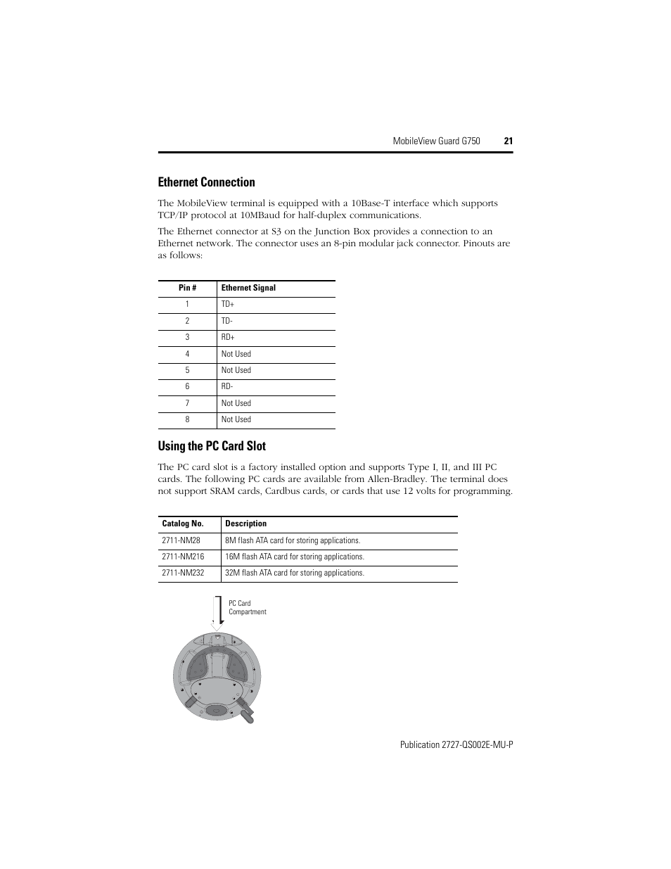 Ethernet connection, Using the pc card slot, Ethernet connection using the pc card slot | Rockwell Automation 2727-G7P20D1Q7 MobileView Guard G750 Quick Start User Manual | Page 21 / 204