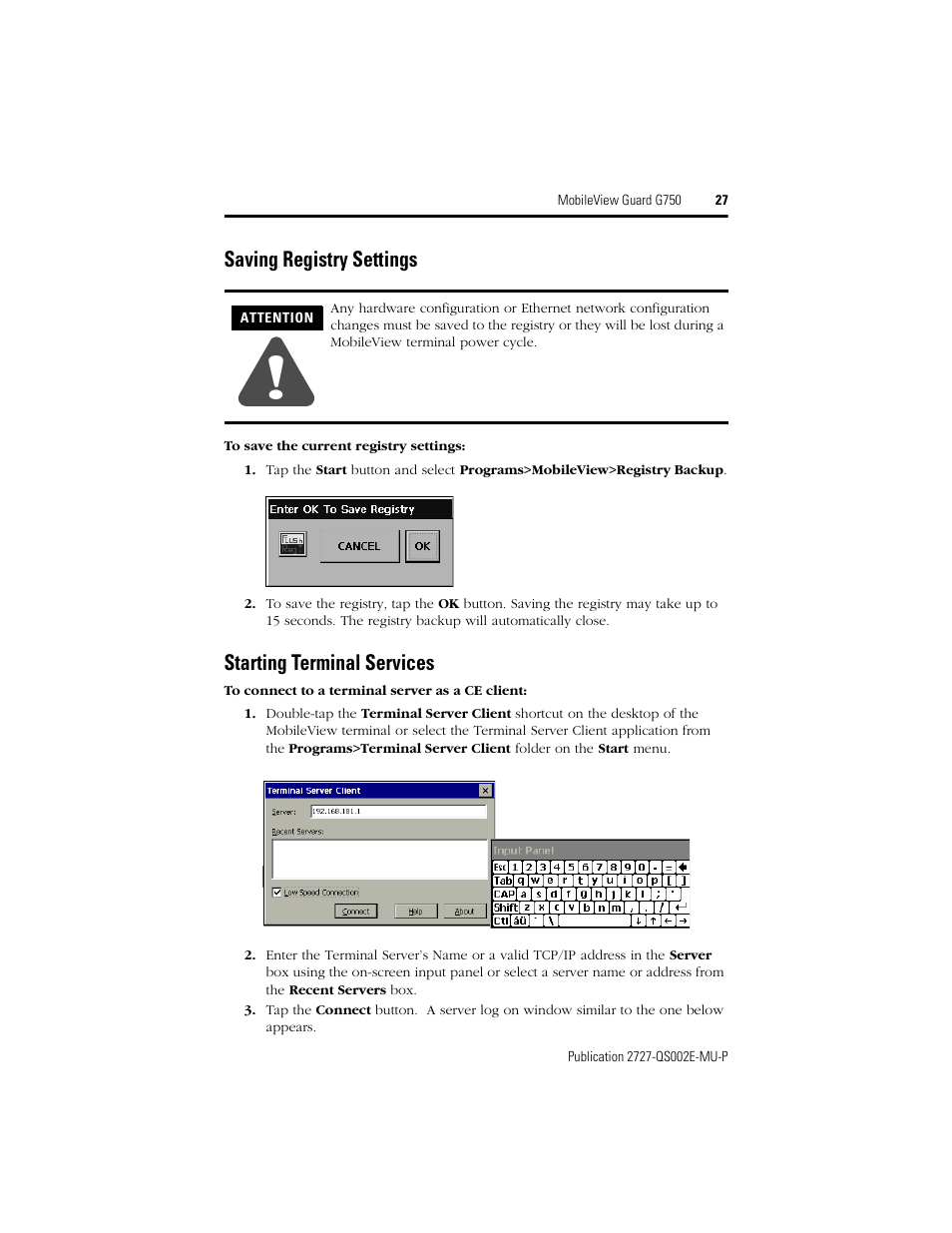 Saving registry settings, Starting terminal services | Rockwell Automation 2727-G7P20D1Q7 MobileView Guard G750 Quick Start User Manual | Page 27 / 204