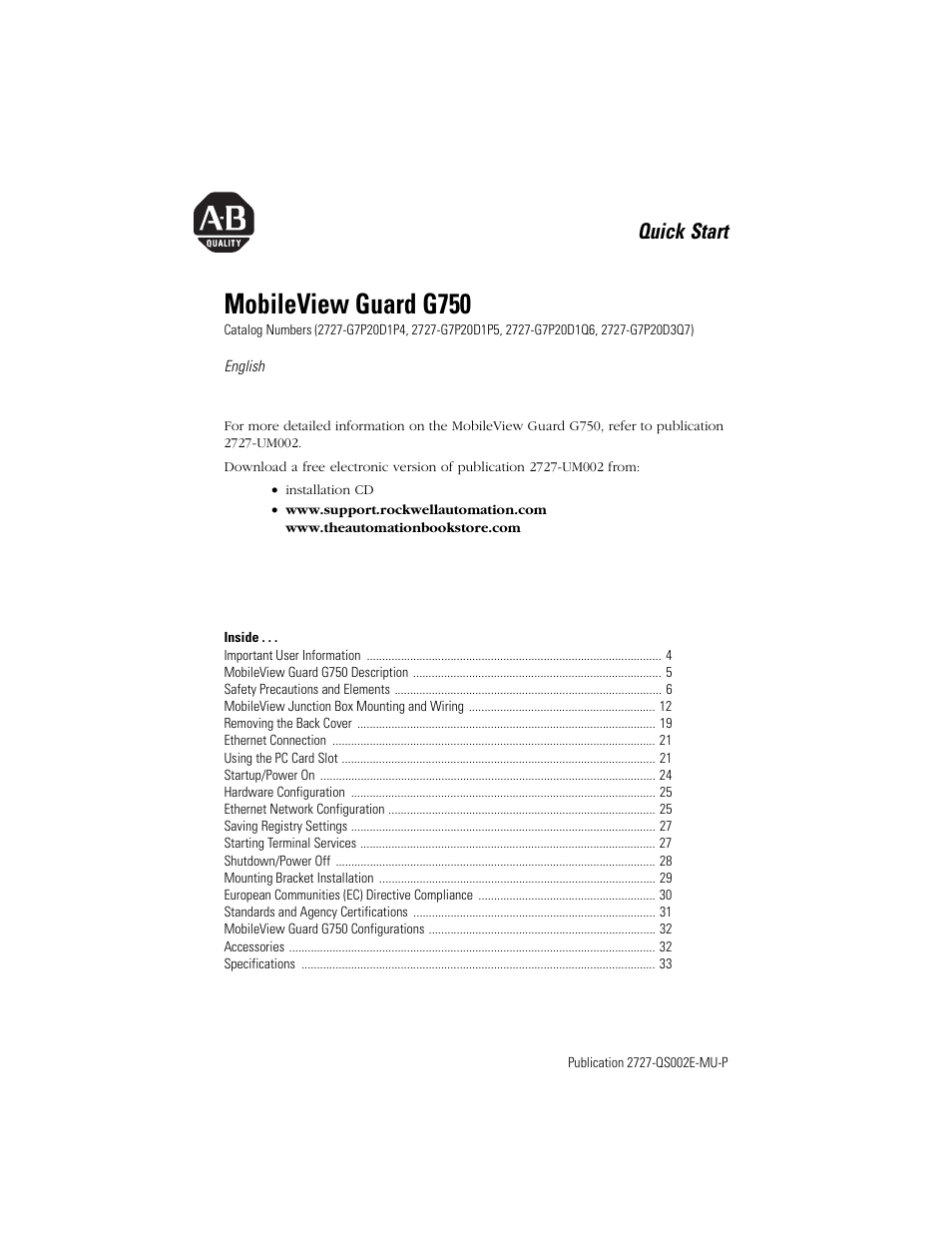 English, Mobileview guard g750, Quick start | Rockwell Automation 2727-G7P20D1Q7 MobileView Guard G750 Quick Start User Manual | Page 3 / 204