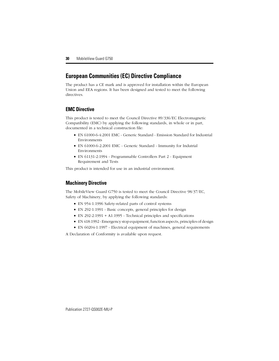 European communities (ec) directive compliance, Emc directive, Machinery directive | Rockwell Automation 2727-G7P20D1Q7 MobileView Guard G750 Quick Start User Manual | Page 30 / 204