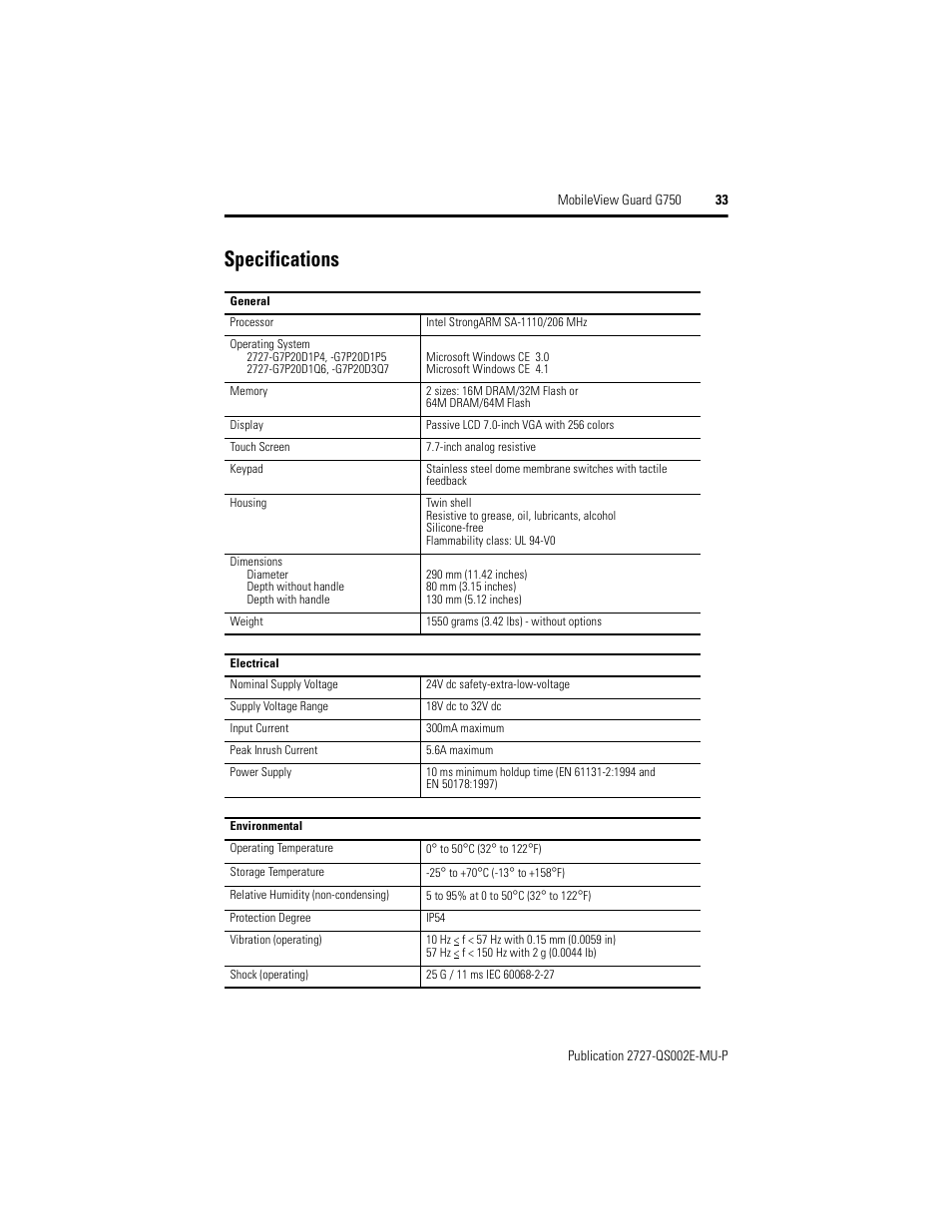 Specifications | Rockwell Automation 2727-G7P20D1Q7 MobileView Guard G750 Quick Start User Manual | Page 33 / 204