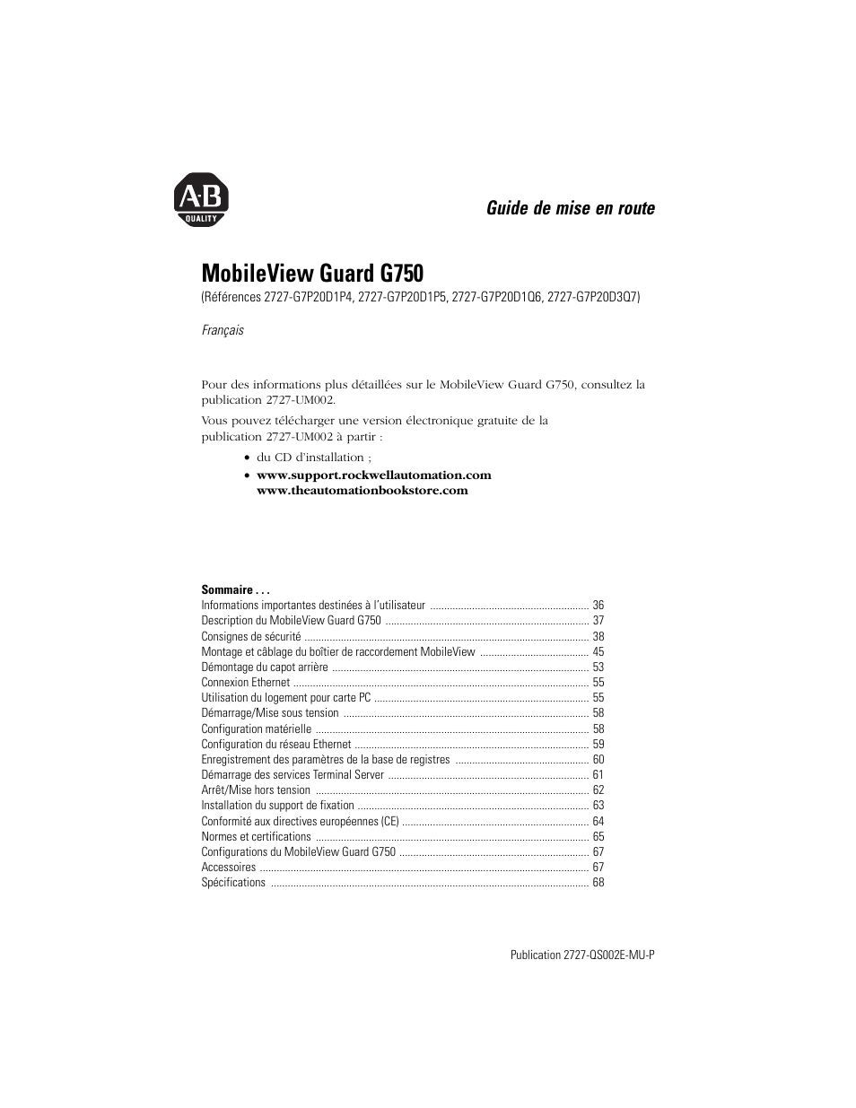 Français, Mobileview guard g750, Guide de mise en route | Rockwell Automation 2727-G7P20D1Q7 MobileView Guard G750 Quick Start User Manual | Page 35 / 204