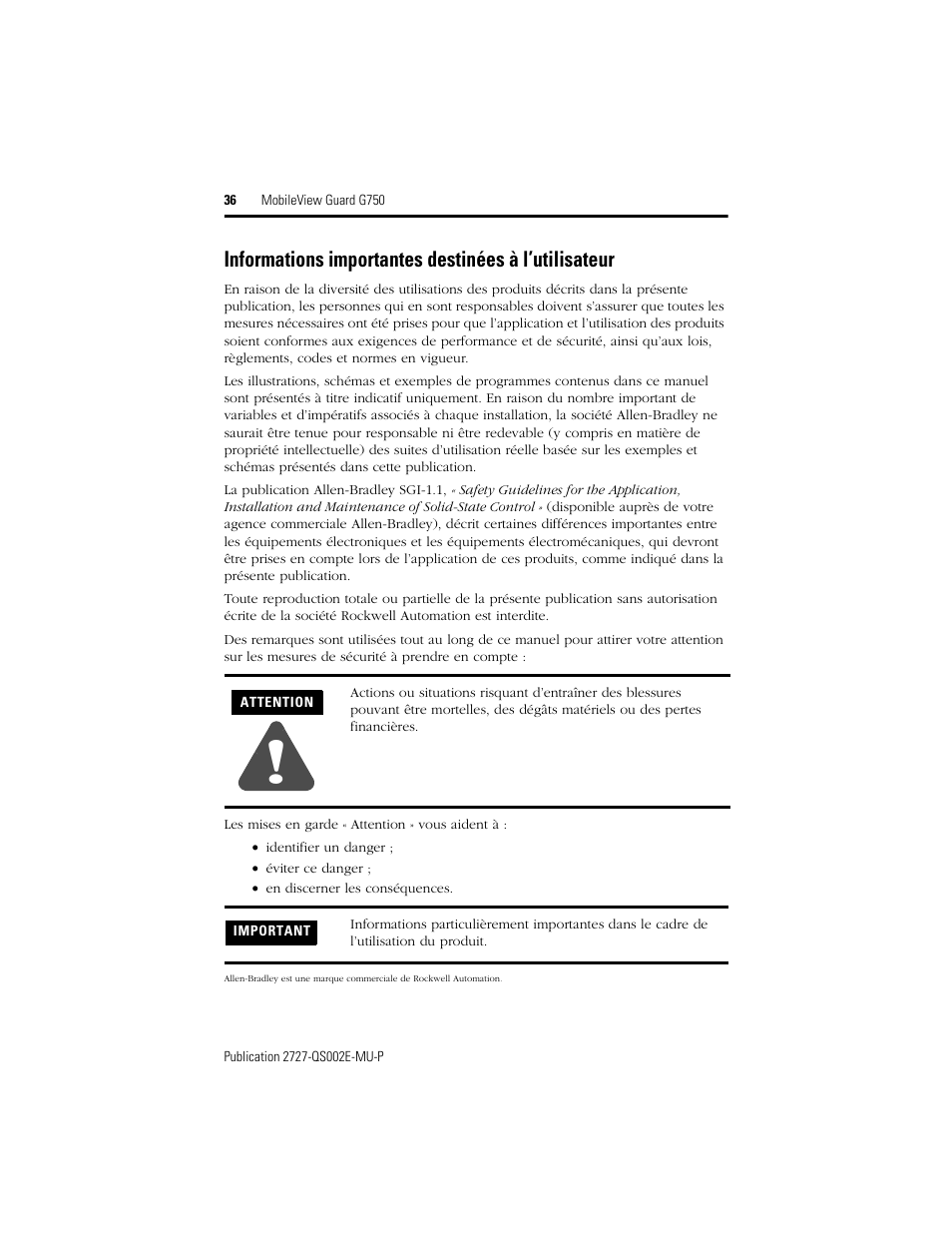 Informations importantes destinées à l’utilisateur | Rockwell Automation 2727-G7P20D1Q7 MobileView Guard G750 Quick Start User Manual | Page 36 / 204