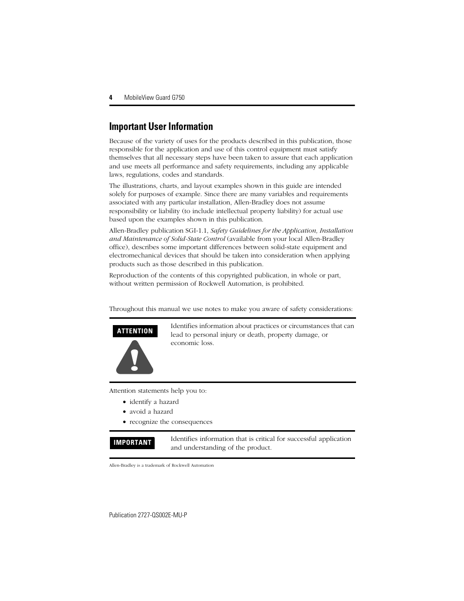 Important user information | Rockwell Automation 2727-G7P20D1Q7 MobileView Guard G750 Quick Start User Manual | Page 4 / 204