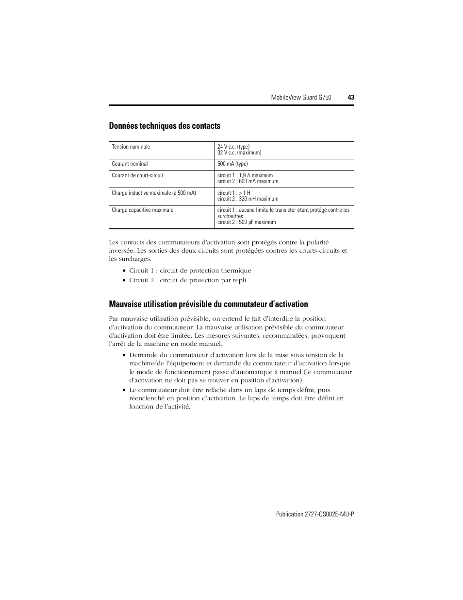 Données techniques des contacts | Rockwell Automation 2727-G7P20D1Q7 MobileView Guard G750 Quick Start User Manual | Page 43 / 204