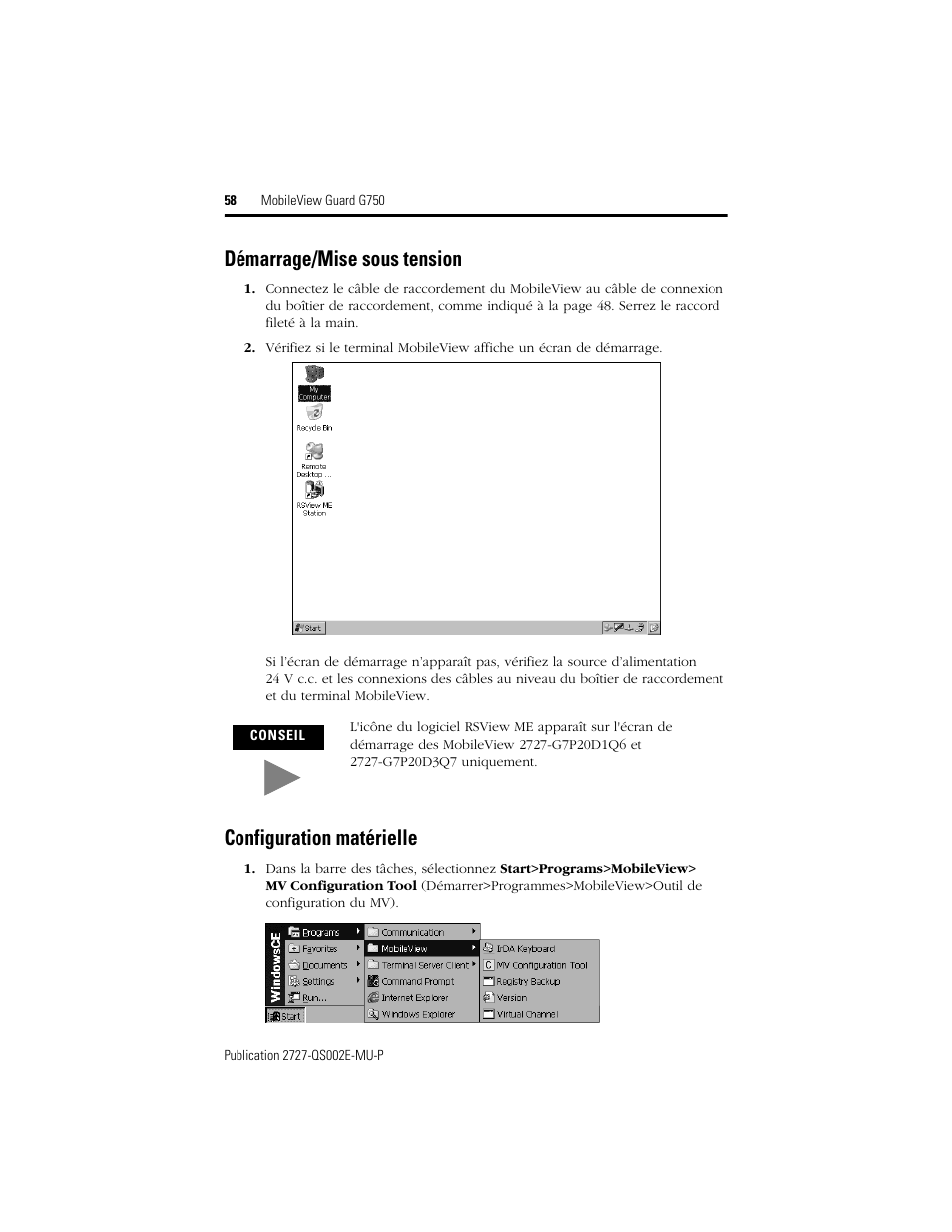 Démarrage/mise sous tension, Configuration matérielle | Rockwell Automation 2727-G7P20D1Q7 MobileView Guard G750 Quick Start User Manual | Page 58 / 204